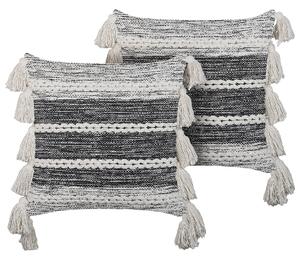Sada 2 dekoratívnych vankúšov čierna sivá bavlna 45 x 45 cm pásikavý vzor so strapcami boho moderný štýl doplnky
