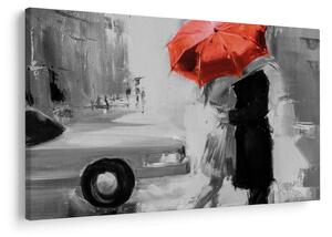Obraz - Zamilovaný pár pod dáždnikom, červený (90x60 cm)