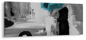 Obraz - Zamilovaný pár s dáždnikom, modrý (120x50 cm)
