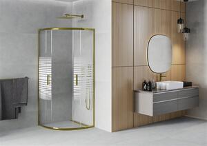 Mexen Rio, štvrťkruhový sprchovací kút 90(dvere)x90(dvere)x190 cm, 5mm číre sklo s pásikmi, zlatý profil, 863-090-090-50-20