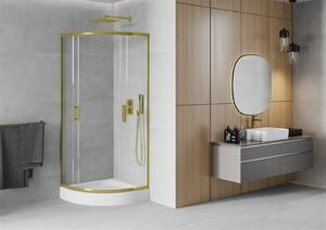Mexen Rio, štvrťkruhový sprchovací kút s posuvnými dverami 80 (dvere) x 80 (dvere) x 190 cm, 5mm číre sklo, zlatý profil + biela sprchová vanička RIO, 863-080-080-50-00-4710