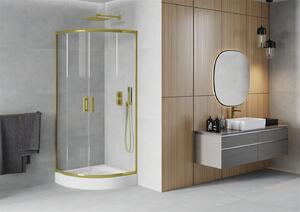 Mexen Rio, štvrťkruhový sprchovací kút s posuvnými dverami 80 (dvere) x 80 (dvere) x 190 cm, 5mm číre sklo, zlatý profil + biela sprchová vanička RIO, 863-080-080-50-00-4710