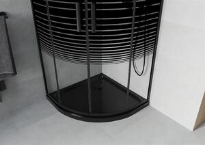 Mexen Rio, štvrťkruhový sprchovací kút s posuvnými dverami 90 (dvere) x 90 (dvere) x 190 cm, 5mm číre sklo s pásikmi, čierny profil + čierna sprchová vanička Slim, 863-090-090-70-20-4170B