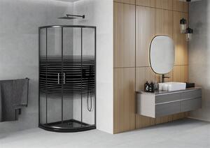 Mexen Rio, štvrťkruhový sprchovací kút s posuvnými dverami 90 (dvere) x 90 (dvere) x 190 cm, 5mm číre sklo s pásikmi, čierny profil + čierna sprchová vanička Slim, 863-090-090-70-20-4170B