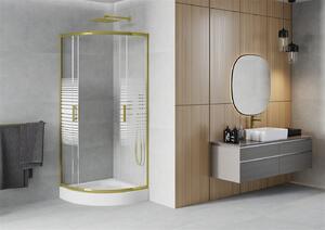 Mexen Rio, štvrťkruhový sprchovací kút 80(dvere)x80(dvere)x190 cm, 5mm číre sklo s pásikmi, zlatý profil + biela sprchová vanička RIO, 863-080-080-50-20-4710