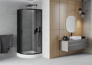 Mexen Rio, štvrťkruhový sprchovací kút s posuvnými dverami 80 (dvere) x 80 (dvere) x 190 cm, 5mm šedé sklo, čierny profil + biela sprchová vanička RIO, 863-080-080-70-40-4710