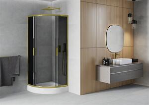 Mexen Rio, štvrťkruhový sprchovací kút 70(dvere)x70(dvere)x190 cm, 5mm šedé sklo, zlatý profil + biela sprchová vanička RIO, 863-070-070-50-0-4710