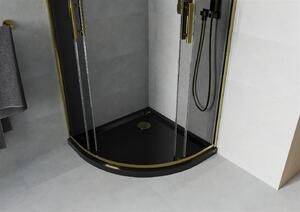 Mexen Rio, štvrťkruhový sprchovací kút s posuvnými dverami 90 (dvere) x 90 (dvere) x 190 cm, 5mm šedé sklo, zlatý profil + čierna sprchová vanička SLIM, 863-090-090-50-40-4170G