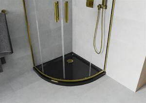 Mexen Rio, štvrťkruhový sprchovací kút s posuvnými dverami 90 (dvere) x 90 (dvere) x 190 cm, 5mm číre sklo, zlatý profil + čierna sprchová vanička SLIM, 863-090-090-50-00-4170G