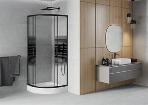 Mexen Rio, štvrťkruhový sprchovací kút s posuvnými dverami 80 (dvere) x 80 (dvere) x 190 cm, 5mm číre sklo s pásikmi, čierny profil + biela sprchová vanička RIO, 863-080-080-70-20-4710
