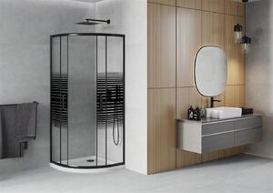 Mexen Rio, štvrťkruhový sprchovací kút s posuvnými dverami 80 (dvere) x 80 (dvere) x 190 cm, 5mm číre sklo s pásikmi, čierny profil + biela sprchová vanička SLIM, 863-080-080-70-20-4110B