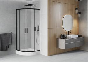 Mexen Rio, štvrťkruhový sprchovací kút s posuvnými dverami 70 (dvere) x 70 (dvere) x 190 cm, 5mm sklo námraza, čierny profil + biela sprchová vanička RIO, 863-070-070-70-30-4710