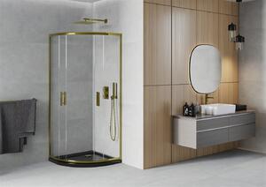 Mexen Rio, štvrťkruhový sprchovací kút s posuvnými dverami 90 (dvere) x 90 (dvere) x 190 cm, 5mm číre sklo, zlatý profil + čierna sprchová vanička SLIM, 863-090-090-50-00-4170G