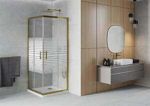 Mexen Rio, štvorcový sprchovací kút s posuvnými dverami 70 (dvere) x 70 (dvere) x 190 cm, 5mm číre sklo s pásikmi, zlatý profil + biela sprchová vanička SLIM, 860-070-070-50-20-4010G