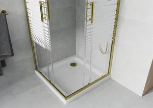 Mexen Rio, štvorcový sprchovací kút s posuvnými dverami 70 (dvere) x 70 (dvere) x 190 cm, 5mm číre sklo s pásikmi, zlatý profil + biela sprchová vanička SLIM, 860-070-070-50-20-4010G