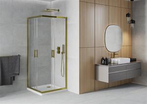 Mexen Rio, štvorcový sprchovací kút s posuvnými dverami 70 (dvere) x 70 (dvere) x 190 cm, 5mm číre sklo, zlatý profil + sprchová vanička SLIM so zlatým sifónom, 860-070-070-50-00-4010G