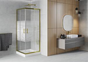 Mexen Rio, štvorcový sprchovací kút s posuvnými dverami 80 (dvere) x 80 (dvere) x 190 cm, 5mm číre sklo s pásikmi, zlatý profil + biela sprchová vanička RIO, 860-080-080-50-20-4510