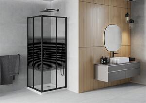 Mexen Rio, štvorcový sprchovací kút 90(dvere)x90(dvere)x190 cm, 5mm číre sklo-vzor pásiky, čierny profil + biela sprchová vanička SLIM, 860-090-090-70-20-4010B