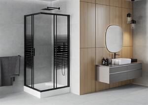 Mexen Rio, štvorcový sprchovací kút 90(dvere)x90(dvere)x190 cm, 5mm číre sklo-vzor pásiky, čierny profil + biela sprchová vanička RIO, 860-090-090-70-20-4510
