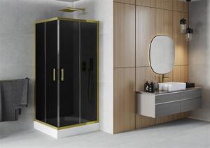 Mexen Rio, štvorcový sprchovací kút s posuvnými dverami 90 (dvere) x 90 (dvere) x 190 cm, 5mm šedé sklo, zlatý profil + čierna sprchová vanička RIO, 860-090-090-50-40-4510