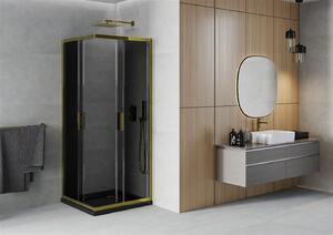 Mexen Rio, štvorcový sprchovací kút s posuvnými dverami 70 (dvere) x 70 (dvere) x 190 cm, 5mm šedé sklo, zlatý profil + čierna sprchová vanička SLIM, 860-070-070-50-40-4070G