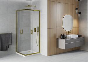 Mexen Rio, štvorcový sprchovací kút s posuvnými dverami 90 (dvere) x 90 (dvere) x 190 cm, 5mm číre sklo, zlatý profil + biela sprchová vanička SLIM, 860-090-090-50-00-4010G