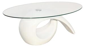 Konferenčný stolík, oválna sklenená doska, vysoký lesk, biely