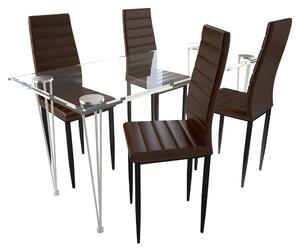 Kuchynský set, 4 hnedé stoličky s úzkymi líniami + 1 sklenený stôl