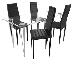 Kuchynský set, 4 čierne stoličky s úzkymi líniami + 1 sklenený stôl