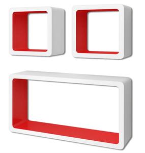 Bielo-červené nástenné poličky z MDF na uskladnenie kníh/DVD, 3 ks, tvar kocky
