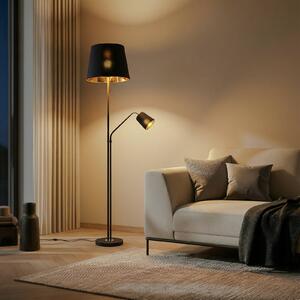 Stojacia lampa Lindby Efalia, čierna/zlatá, textil, svetlo na čítanie, Čierna, Obývacia izba / jedáleň, kov, Moderný, Stojaca lampa