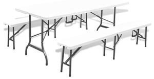 Sklápací záhradný stôl a 2 lavičky HDPE a oceľ 180 cm biely