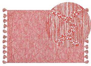 Koberec červená biela bavlna 140 x 200 cm geometrický vzor obdĺžnikový tvar ručne všívaný so strapcami obývačka spálňa