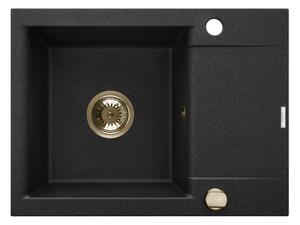 Invena Tesalia, 1-komorový granitový drez s krátkym odkvapkávačom 590x440x160 mm a drezová batéria Joga Plus, zlatý automatický sifón, čierna škvrnitá, INV-AZ-01-Z42-SET