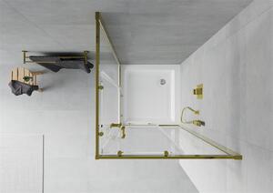 Mexen Rio, štvorcový sprchovací kút s posuvnými dverami 80 (dvere) x 80 (dvere) x 190 cm, 5mm číre sklo, zlatý profil + biela sprchová vanička RIO, 860-080-080-50-00-4510