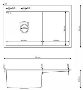 Erga HD, 1-komorový oceľový drez 780x490x210 mm, ľavý, zlatá, ERG-MLS-HD7849LG