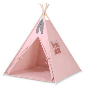 Teepee stan pre deti + hracia podložka + dekoratívne pierka - Light Pink