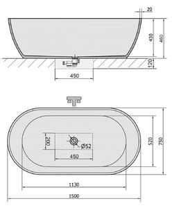 Polysan REDUTA voľne stojaca vaňa liaty mramor 150x75x46cm, čierna/biela