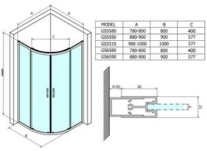 Gelco SIGMA SIMPLY štvrťkruhová sprchová zástena 800x800 mm, R550, číre sklo