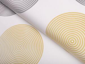 Zamatová látka Tamara TMR-023 Žlté a sivé designové kruhy na smotanovom - šírka 150 cm