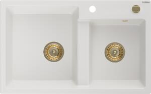 Mexen Tomas, granitový drez 800x500x190 mm, 2-komorový, biela so zlatým sifónom, 6516802000-20-G