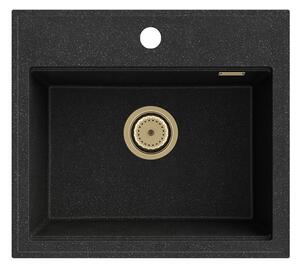 Sink Quality Ferrum New 5055, 1-komorový granitový drez 560x500x210 mm + zlatý sifón, čierna škvrnitá, SKQ-FER.5055.BP.XG