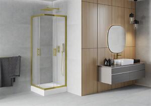 Mexen Rio, štvorcový sprchovací kút s posuvnými dverami 70 (dvere) x 70 (dvere) x 190 cm, 5mm sklo námraza, zlatý profil + biela sprchová vanička RIO, 860-070-070-50-30-4510