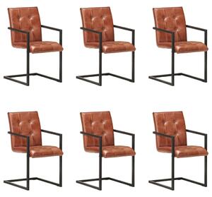 Jedálenské stoličky, perová kostra 6 ks, hnedé, pravá koža