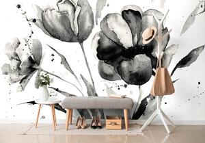 Samolepiaca tapeta čiernobiele tulipány v zaujímavom prevedení