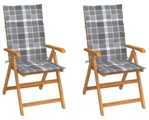 Záhradné stoličky 2 ks, sivé kockované podložky, tíkový masív