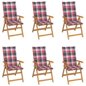 Záhradné stoličky 6ks, červené kockované podložky, tíkový masív