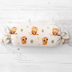 Biante Detský vankúš valec bonbon Sandra SA-616 Sovičky na vetvičkách na bielom 15x40 cm