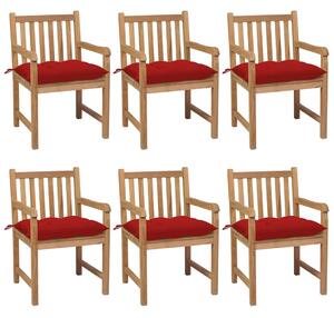 Záhradné stoličky 6 ks s červenými podložkami tíkový masív