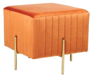 Taburet oranžový zamatový čalúnený zlaté kovové nohy 48 cm štvorcové sedadlo glamour
